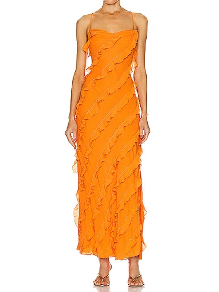 Women's Dress Strapless Spaghetti Strap Backless Ruffles Solid Color Floor-length Dresses Summer