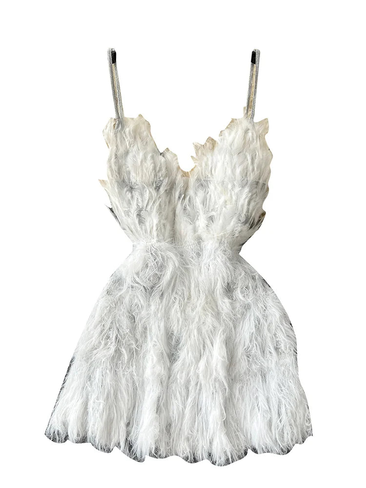 Fashion Sexy Design Feather Tassel Patchwork Suspended Dress Women's Sleeveless Party Dresses Female Autumn