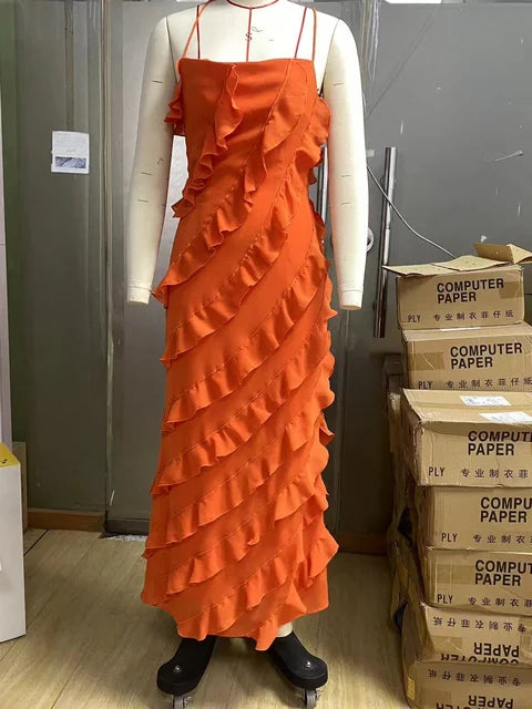 Women's Dress Strapless Spaghetti Strap Backless Ruffles Solid Color Floor-length Dresses Summer