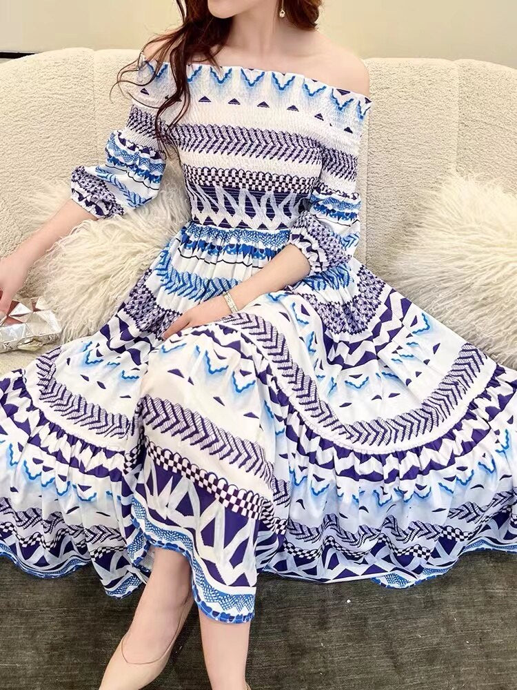 Slash Neck Midi Dresses For Women Vintage Casual Geometric Striped Print Party Night Dresses Summer Clothes