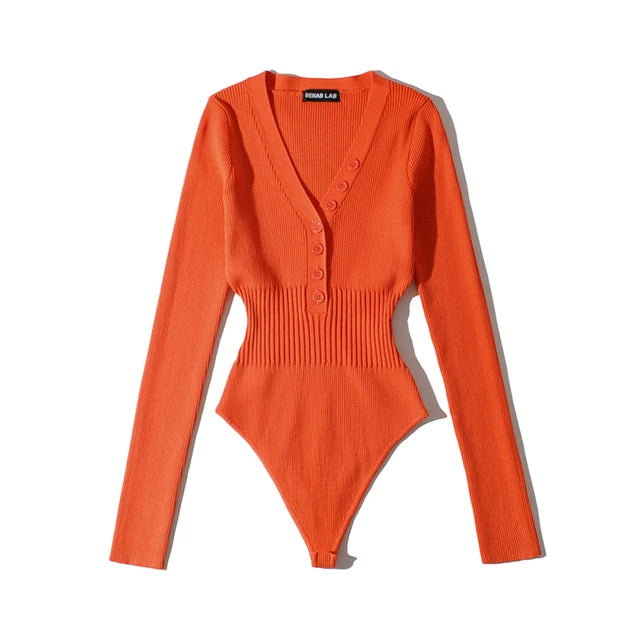Women Long Sleeve V-neck Buttons Bodysuit Solid Color Elastic Slim Waist Jumpsuits Sexy Tops
