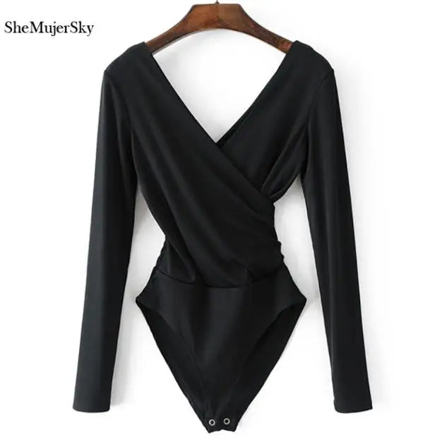 SheMujerSky Long Sleeve Bodysuit Women Backless Jumpsuits Black White Body femme monos cortos de mujer