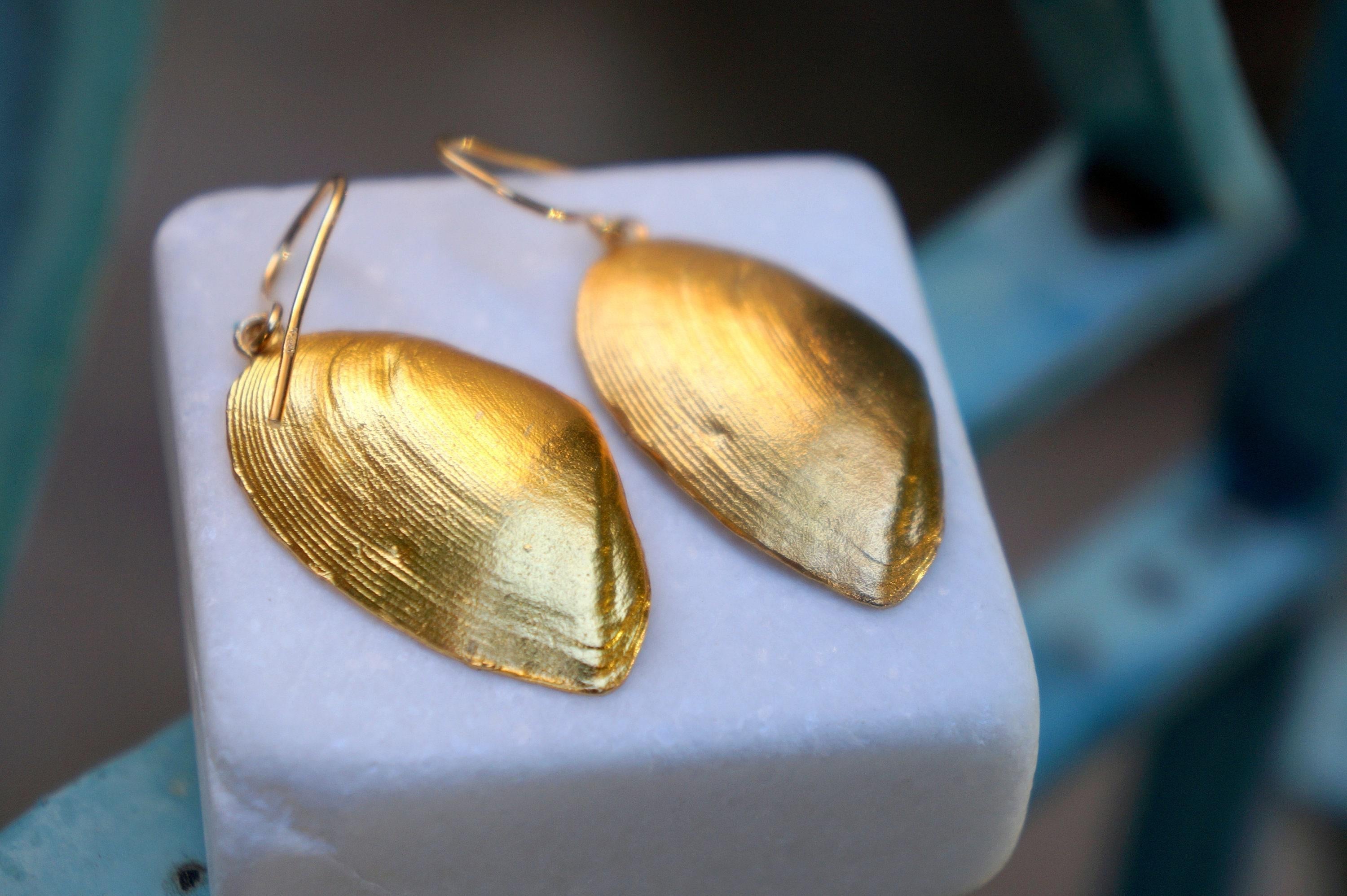 Clam Shell Earrings - Sustainable Gold Plated Brass, Boho Style-1